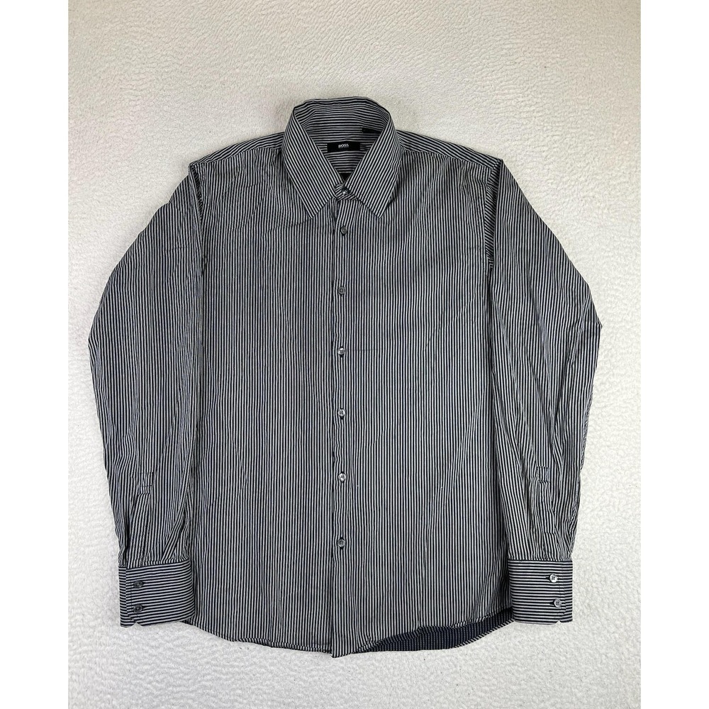 BOSS Hugo Boss Mens Dress Shirt 16.5 34/35 Black Pinstripe Regular Fit Cotton LS
